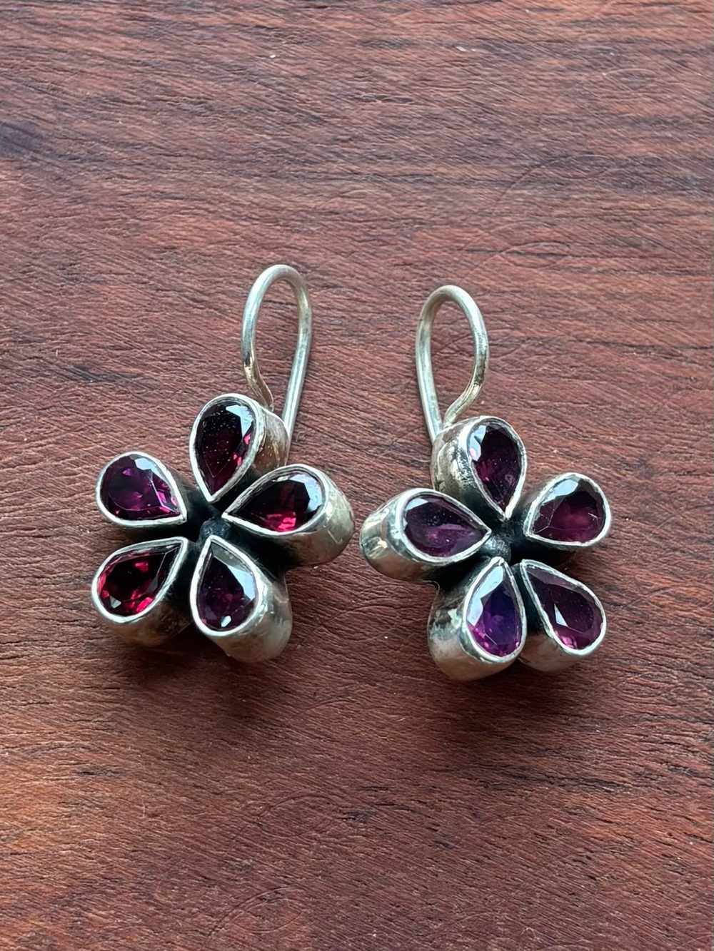 Sterling Silver Floral Drop Earrings with Red Garnet Gem Petals